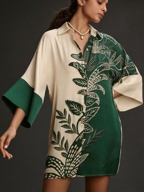 FARM Rio Green and Cream Botanical Shirt Dress